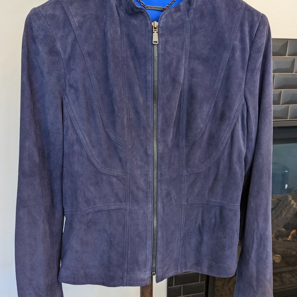 Elie Tahari Size:6 Blue Suede Fitted Jacket - Picture 3 of 9